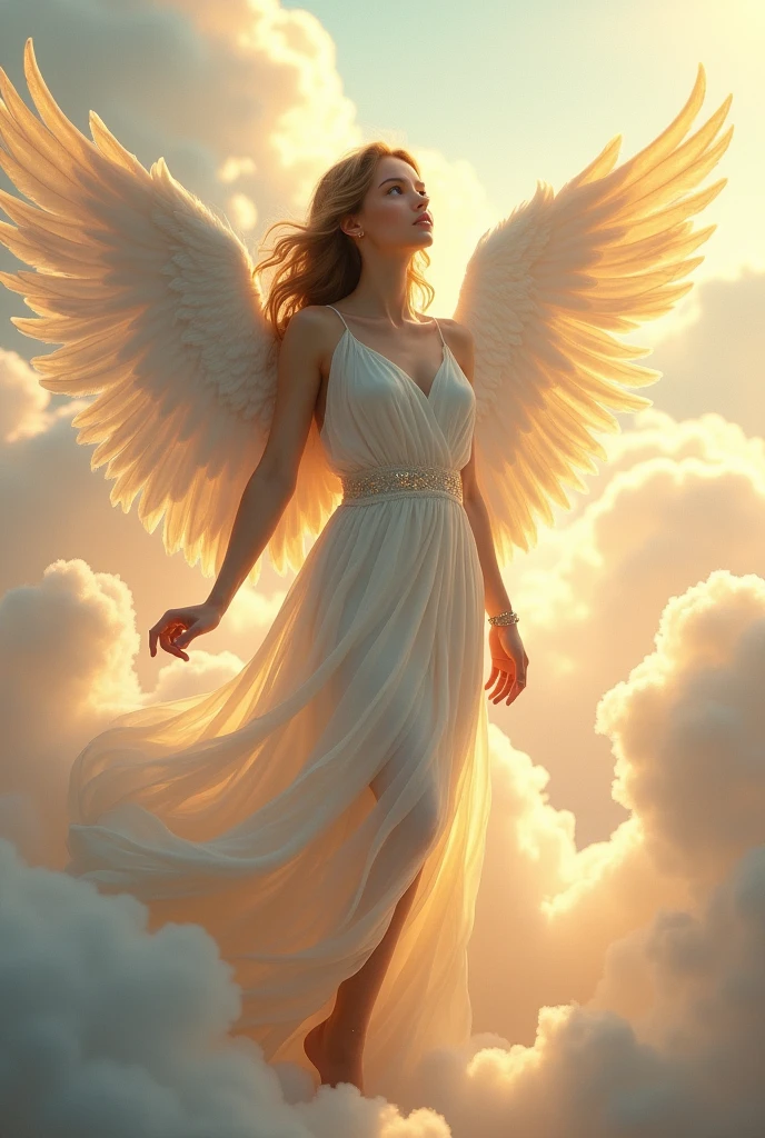A female angel with wings on her back and at the ankle of her foot