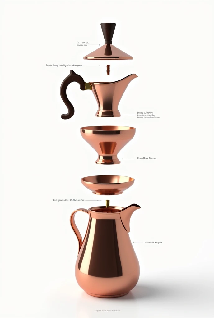 Create an exploded view, in the style of product design representation, of a Cezve (Turkish coffee pot).