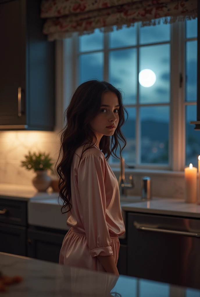 A beautiful young brunette girl, wearing silk pajamas, a little provocative, in the middle of a luxurious kitchen, at night, a dim light, she is distracted.