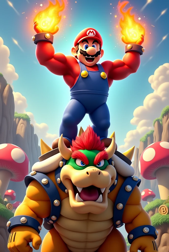 I want a bodybuilder Super Mario , with my hands on fire , on top of Bowser making victorious gestures