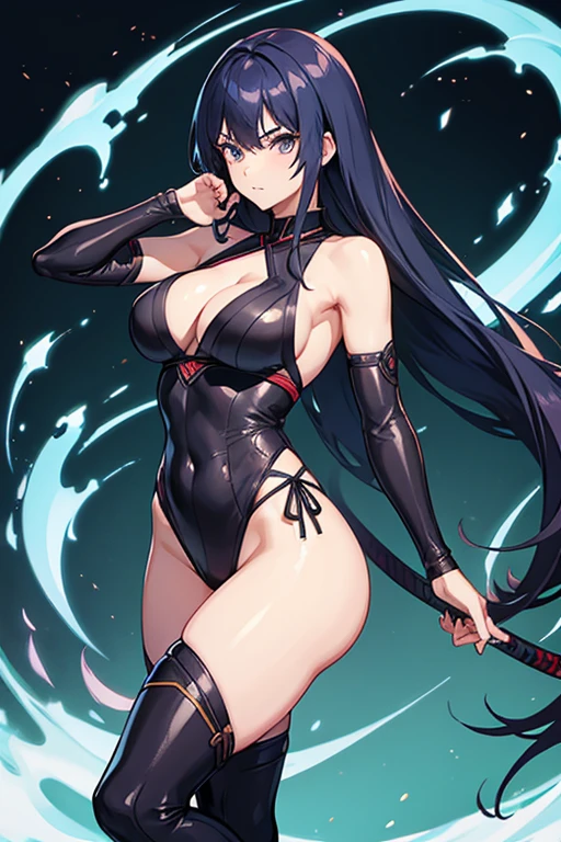 Female Ninja、Bare arms、Sexy pose、Long Hair、Exposed cleavage、Japanese style background