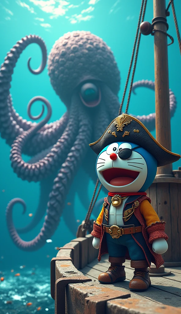 An image of Captain Doraemon wearing a pirate costume on a ship at sea. . Doraemon encounters a giant octopus monster in the middle of the sea . The vibrant marine life scene. Doraemon's face is panicked. 3D 4K high-definition image 
