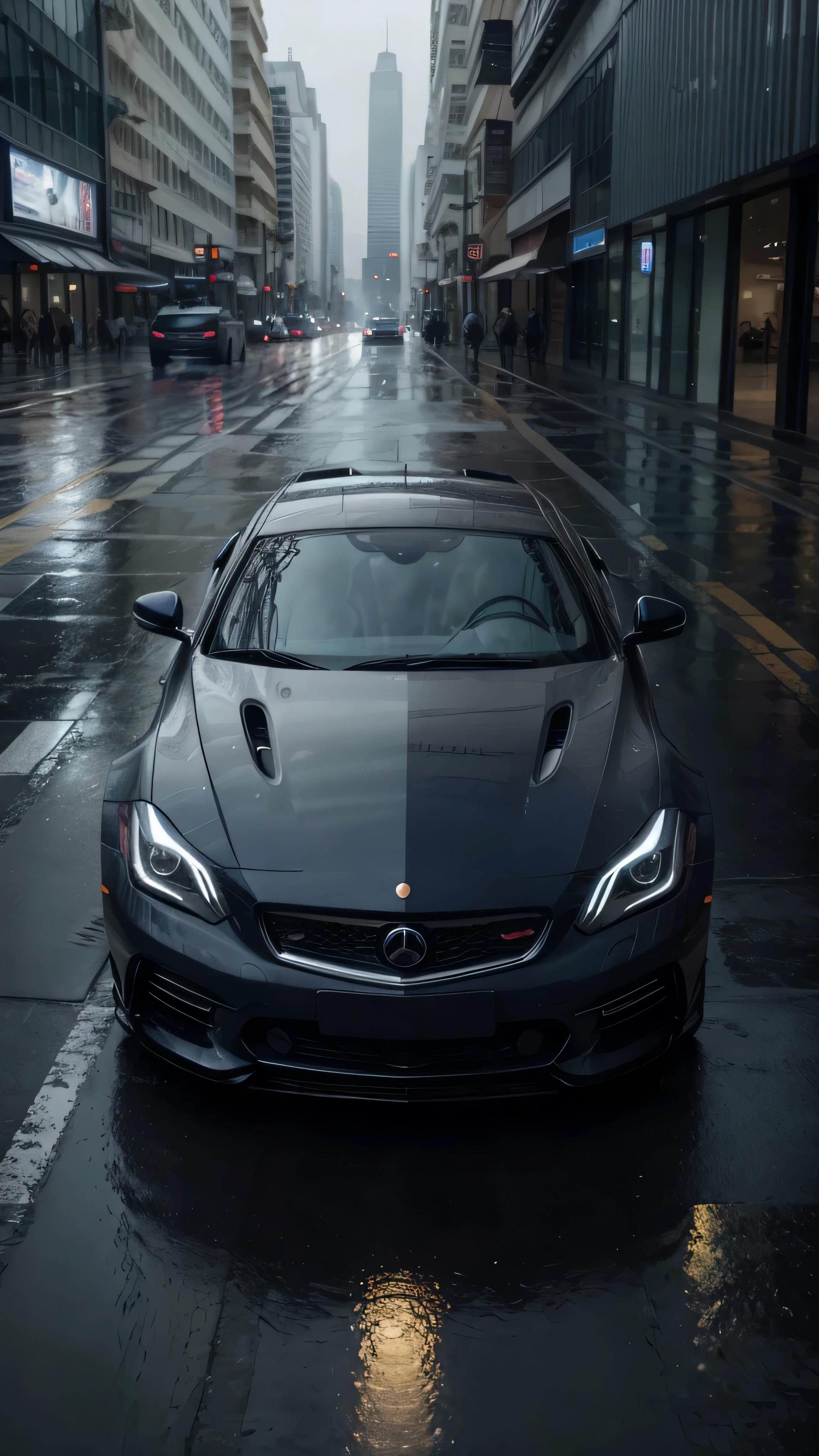 Navy blue luxury sports car in a rainy gray city, the car is wet with rain drops,Seen from the front,