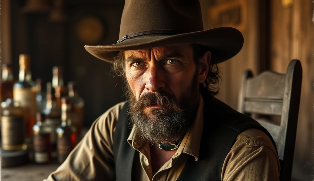 Vintage portrait photo of an American wild west outlaw, rugged face with a thick mustache, (weathered skin:1.3), intense gaze directly at camera, upper body framing, inside a dimly lit saloon, surrounded by rustic wooden furniture and whiskey bottles, (warm tungsten lighting:1.2), shot at eye level, captured on a large format camera with wet plate collodion process, (sepia tone:1.4), in the style of (Edward S. Curtis:1.3)