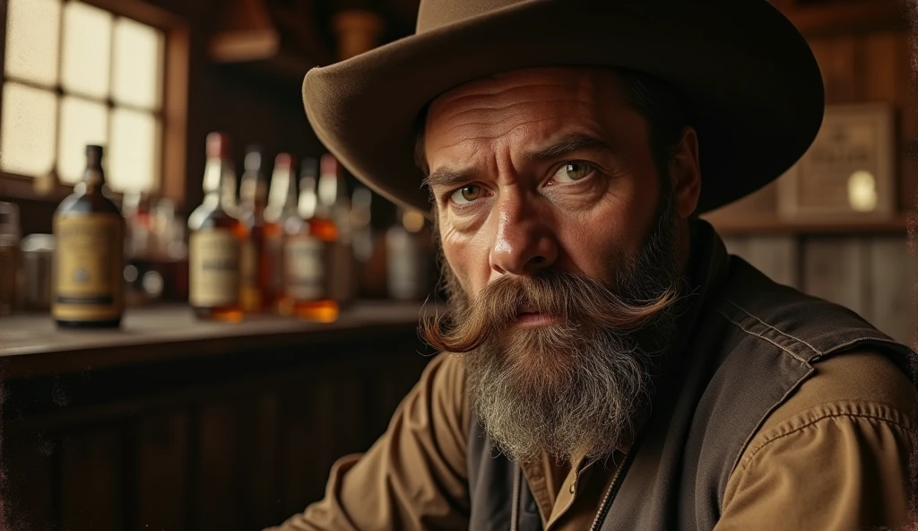 Vintage portrait photo of an American wild west outlaw, rugged face with a thick mustache, (weathered skin:1.3), intense gaze directly at camera, upper body framing, inside a dimly lit saloon, surrounded by rustic wooden furniture and whiskey bottles, (warm tungsten lighting:1.2), shot at eye level, captured on a large format camera with wet plate collodion process, (sepia tone:1.4), in the style of (Edward S. Curtis:1.3)