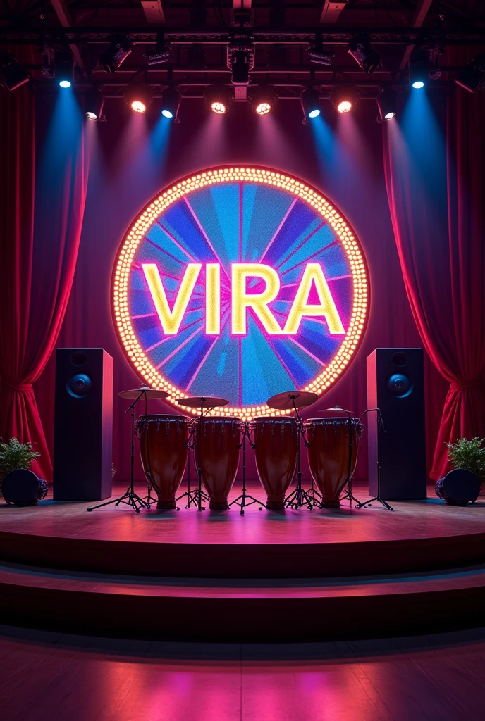 Create a round logo featuring a stage with a marimba orchestra and an LED screen displaying the word VIRA.  Include speakers on either side., Everything is attached and make it creative and a bit lively without people in between with other colors. 


