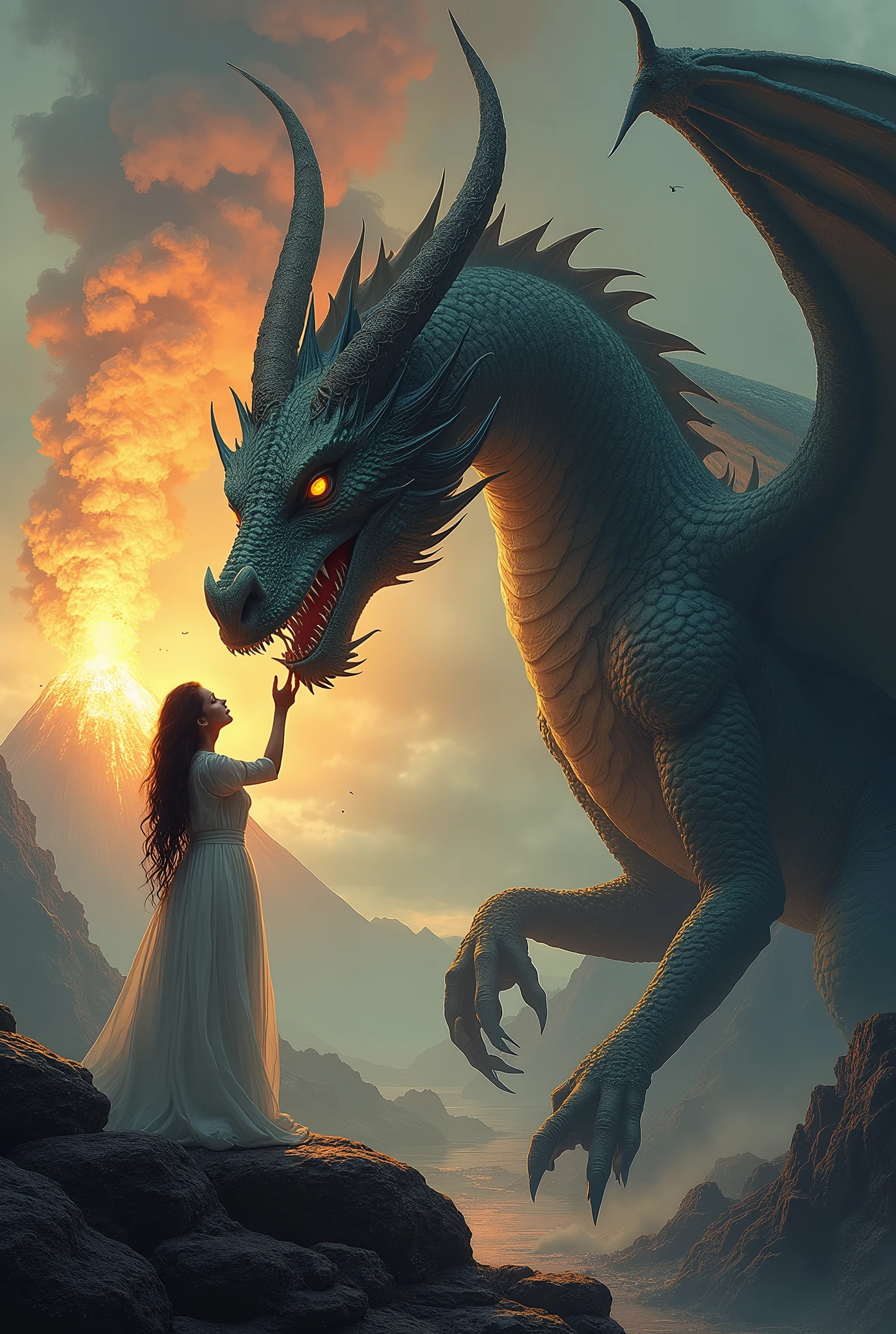 This fantasy artwork depicts a giant dragon and a woman in a spectacular landscape.。Dragons are covered in scales、The head has sharp horns。The eyes are deep yellow、It has a mysterious presence。The woman is wearing a long white dress、Touching the dragon&#39;s face。In the background, a volcano erupts and ash rises into the sky.、Darken overall、There is a powerful atmosphere。This scene、It seems to symbolize the special bond and interaction between humans and dragons.。
