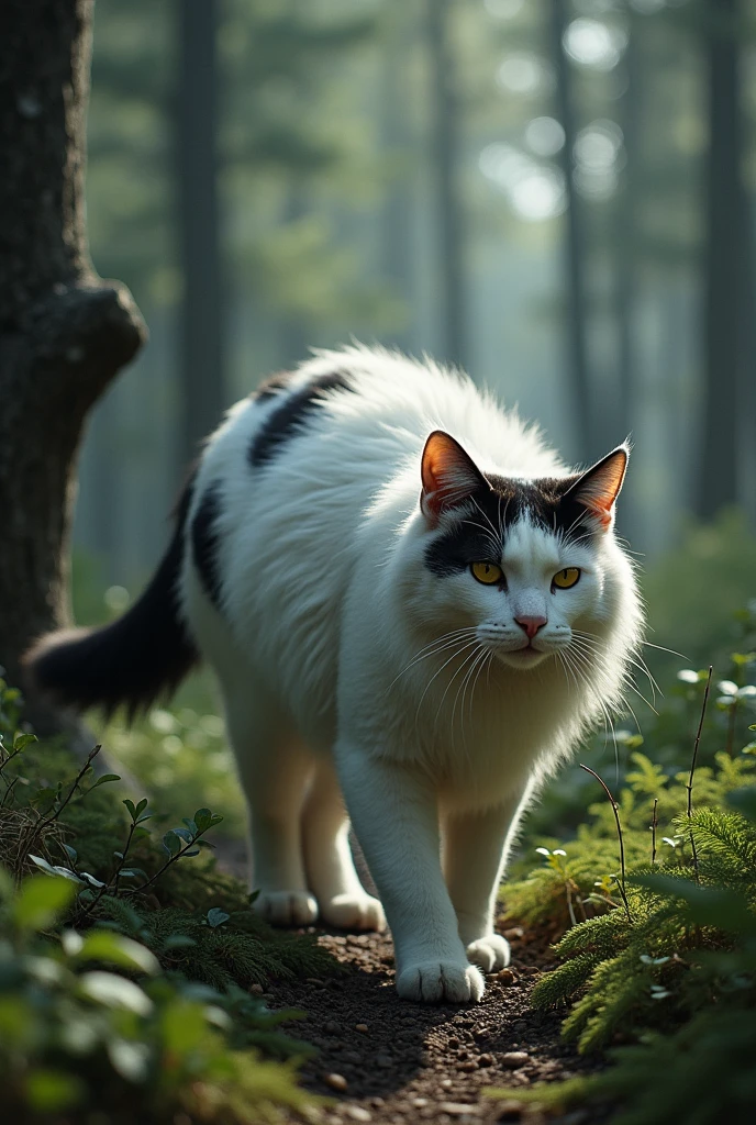 Warrior cats she cat with yellows eyes long white fur black splotches all over her body and a long black tail