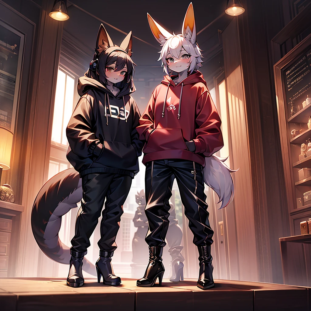 whole body,ソロ,posture:Standing,front,ショタ,オオカミ,headphone,hoodie,pants,Knee-high boots,Stiletto heels,