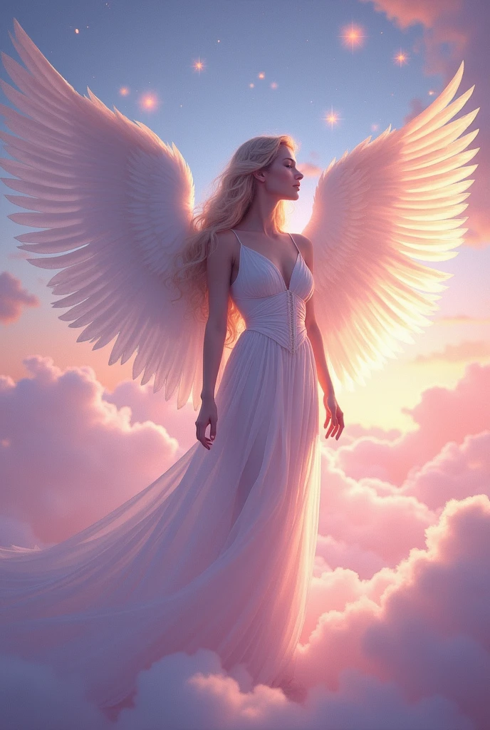 A female angel with wings on her back and at the ankle of her foot