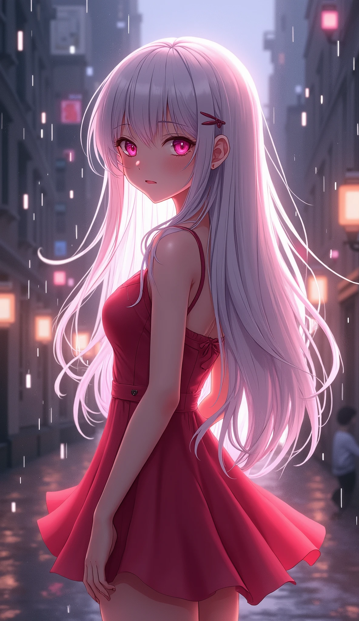 photorealistic,Realistic illustration in Modelshoot style,((masterpiece)),((The best quality)),((Ultra Quality)),((ultra detailed)),((1girl long white hair)),((Only)),((waifu:1.5)),Perfect anatomy,perfect hands,beautiful cuerpo,beautiful_method,ulzzang-6500-v1,e-chica,((Exceptionally Beauty Waifu Princess)), intricate details, realist, photorealist, Full Body Portrait, Instagram Photo of a woman wearing aretes, Mary R., inspired by Emma Andijewska, wrapped in crystals,(masterpiece:1.3), (Best Quality:1.3), (Ultra-detailed:1.2), ((kawaii)), Cute, (lovely), ((sexy)), ((Extremely detailed)), 4K, (8K), Best Quality, (Beautiful), Illustration, anime style, (bold line:1.2), Gradation,(best quality, ultra-detailed, photorealistic: 1.39), bright and vibrant colors, studio lighting, (Perfect eyes:1.2), (Perfect iris:1.2), romantic kawaii expression, cute delicate smile, kawaii makeup, 17-year-old e-girl, short red dress, platinum braided and curl white hair, cat ears, big breasts, fit, long wavy hair, mercenary, Mary R.,((bright-pink_eyes)),long wavy hair, ((white hair)),hair clips,eyeliner,cute makeup,lipstick,Glossy lipstick,with a look of terror, worry and sadness,((eyes detallados perfectos)),rainy with fog outside,evening,pink theme,bioluminiscencia,light particles,((Extremely CG Unity 8K Wallpaper)),((cinematic lighting,Best quality lights)),intricate details,Suave,sharp focus,Extremely beautiful and aesthetic,Octane rendering,Full length portrait,damp skin,((Perfect detailed body)),