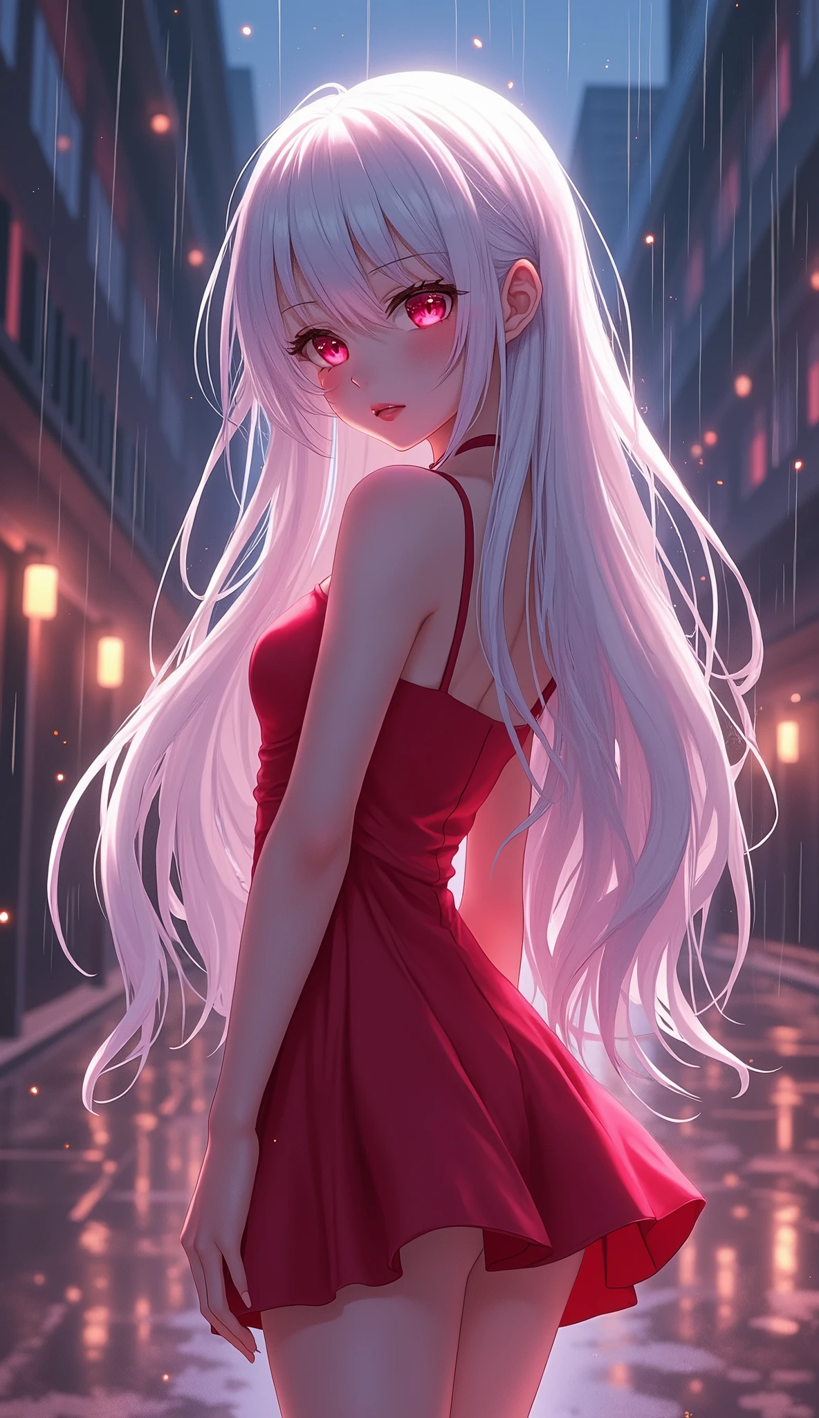 photorealistic,Realistic illustration in Modelshoot style,((masterpiece)),((The best quality)),((Ultra Quality)),((ultra detailed)),((1girl long white hair)),((Only)),((waifu:1.5)),Perfect anatomy,perfect hands,beautiful cuerpo,beautiful_method,ulzzang-6500-v1,e-chica,((Exceptionally Beauty Waifu Princess)), intricate details, realist, photorealist, Full Body Portrait, Instagram Photo of a woman wearing aretes, Mary R., inspired by Emma Andijewska, wrapped in crystals,(masterpiece:1.3), (Best Quality:1.3), (Ultra-detailed:1.2), ((kawaii)), Cute, (lovely), ((sexy)), ((Extremely detailed)), 4K, (8K), Best Quality, (Beautiful), Illustration, anime style, (bold line:1.2), Gradation,(best quality, ultra-detailed, photorealistic: 1.39), bright and vibrant colors, studio lighting, (Perfect eyes:1.2), (Perfect iris:1.2), romantic kawaii expression, cute delicate smile, kawaii makeup, 17-year-old e-girl, short red dress, platinum braided and curl white hair, cat ears, big breasts, fit, long wavy hair, mercenary, Mary R.,((bright-pink_eyes)),long wavy hair, ((white hair)),hair clips,eyeliner,cute makeup,lipstick,Glossy lipstick,with a look of terror, worry and sadness,((eyes detallados perfectos)),rainy with fog outside,evening,pink theme,bioluminiscencia,light particles,((Extremely CG Unity 8K Wallpaper)),((cinematic lighting,Best quality lights)),intricate details,Suave,sharp focus,Extremely beautiful and aesthetic,Octane rendering,Full length portrait,damp skin,((Perfect detailed body)),