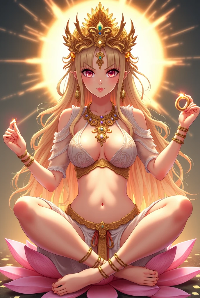 Ultra-high resolution, Attention to detail, Highest quality, (((女god))), Voluptuous, Full lower abdomen, Japan anime style, Baby Face, The eyes are large, Full body portrait, See-through feather robe, Rings on the wrists and ankles, A necklace studded with jewels, Beautiful golden crown with decorations, god々New Background, Multiple lights dance in the air, Making a ring with the thumbs and index fingers of both hands, Sitting cross-legged, Sitting on a lotus flower
