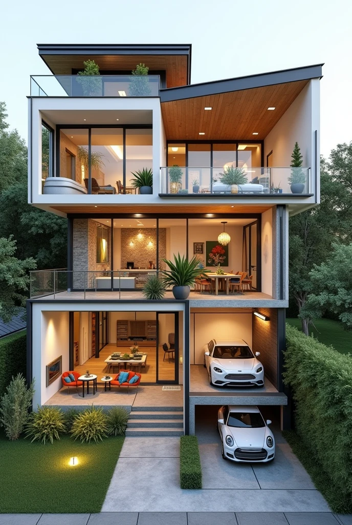 HOUSE IMAGE WITH CROSS SECTION, WHERE IT IS OBSERVED ON THE FIRST FLOOR BATHROOM, LAUNDRY, bedroom AND A BALCONY AND ON THE SECOND FLOOR KITCHEN, dining room, living room, PARKING AND A TERRACE