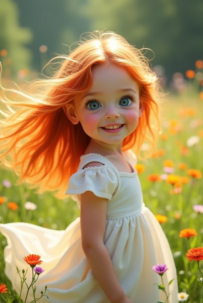 Girl, orange hair, white skin, blue eyes, cute smile, clothes white