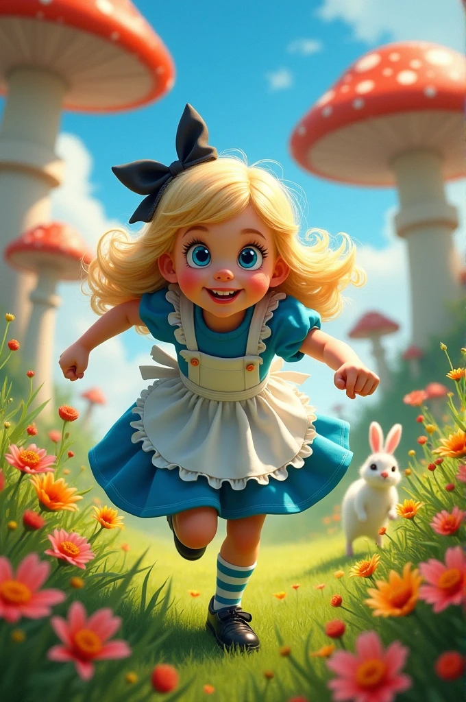 A movie poster, with a blue-eyed blonde,wearing a blue dress and a white apron,striped socks,black shoes and a black bow in her hair, running after a white rabbit, through a field of flowers and giant mushrooms