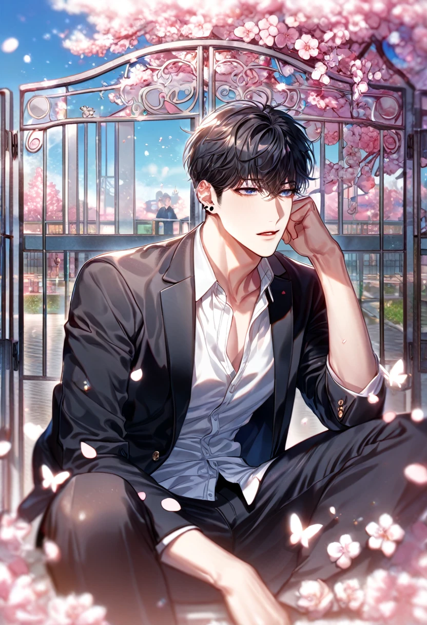 absurdres, highres, ultra detailed, HDR, master piece, best quality, extremely detailed face, delicated features, Kang Woojin, black hair, messy hair, expressive dark blue eyes, Love Jinx, solo, sexy man sitting, handsome, sensual, uniform, black jacket, white shirt, unbuttoned, black piercings, black pants, cherry blossoms, pink flowers, pink butterflies, pink petals, school, school gate