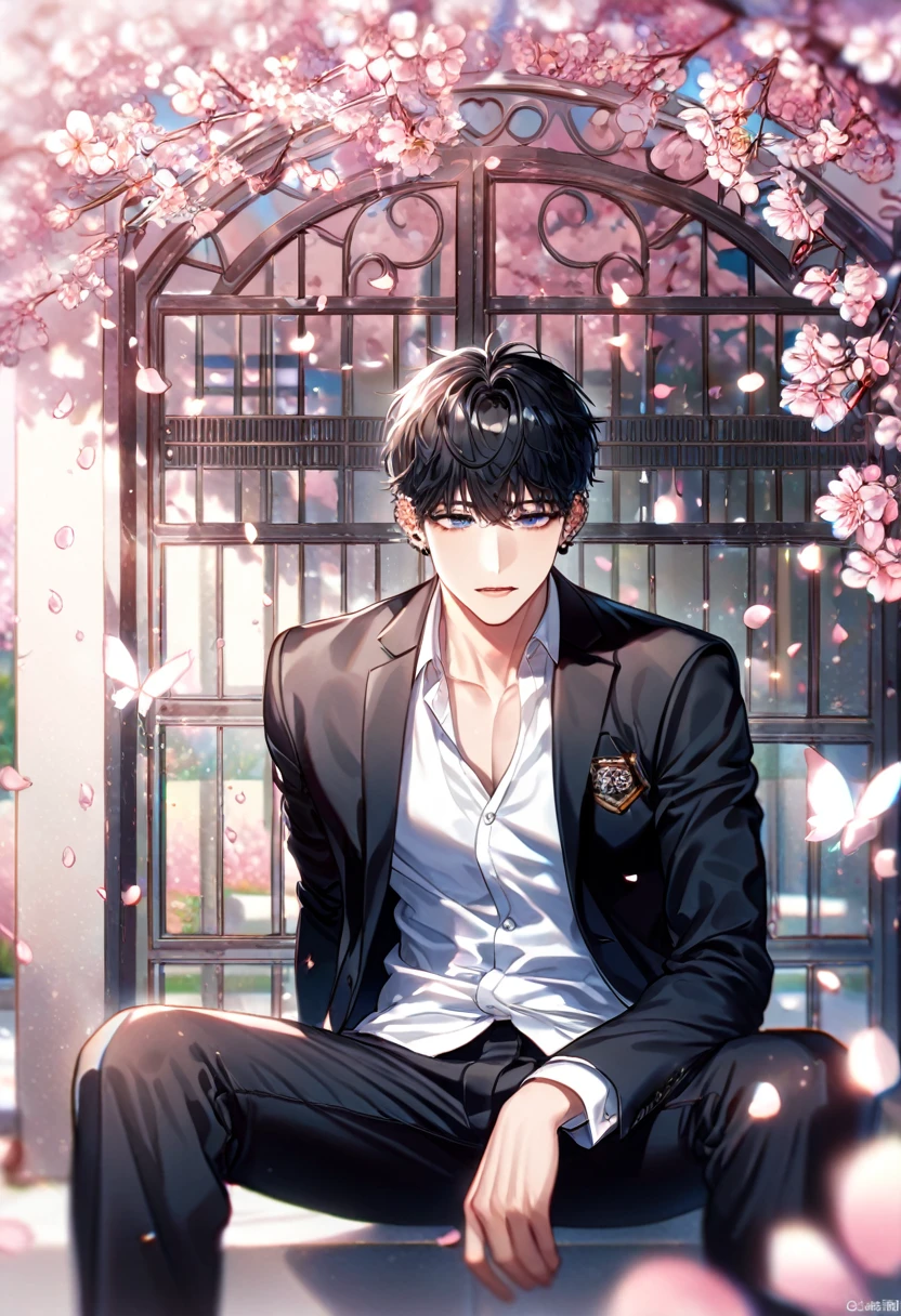 absurdres, highres, ultra detailed, HDR, master piece, best quality, extremely detailed face, delicated features, Kang Woojin, black hair, messy hair, expressive dark blue eyes, Love Jinx, solo, y man sitting, handsome, sensual, uniform, black jacket, white shirt, unbuttoned, black piercings, black pants, cherry blossoms, pink flowers, pink butlies, pink petals, school, school gate