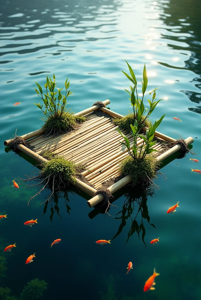 (photorealism:1.2)Une photo d'une plateforme carrée en bambou qui flotte sur le lac Atitlan. La moitié de la photo est sous l'eau et on voit des poissons qui nagent au milieu de racine Des plantes qui sont sur la plateforme.