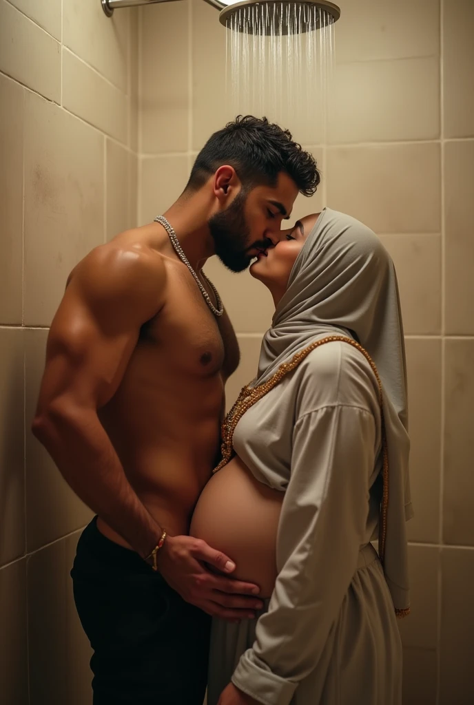 Young muscular Hindu pandit giving kiss to sexy body big boobs pregnant muslim women wearing hijab on bathroom taking shower