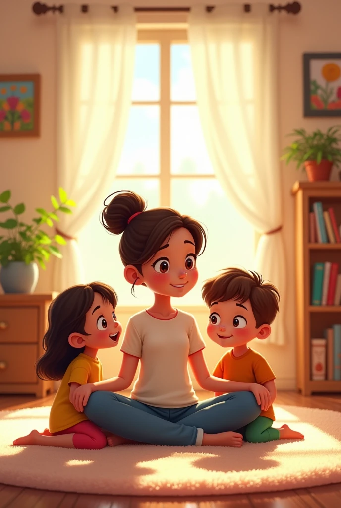 In a warm, peaceful room, the mother is sitting with Ali and Sarah, teaching them about freedom and independence. The children are listening intently, with a sense of understanding and respect in their eyes : in cartoon shape