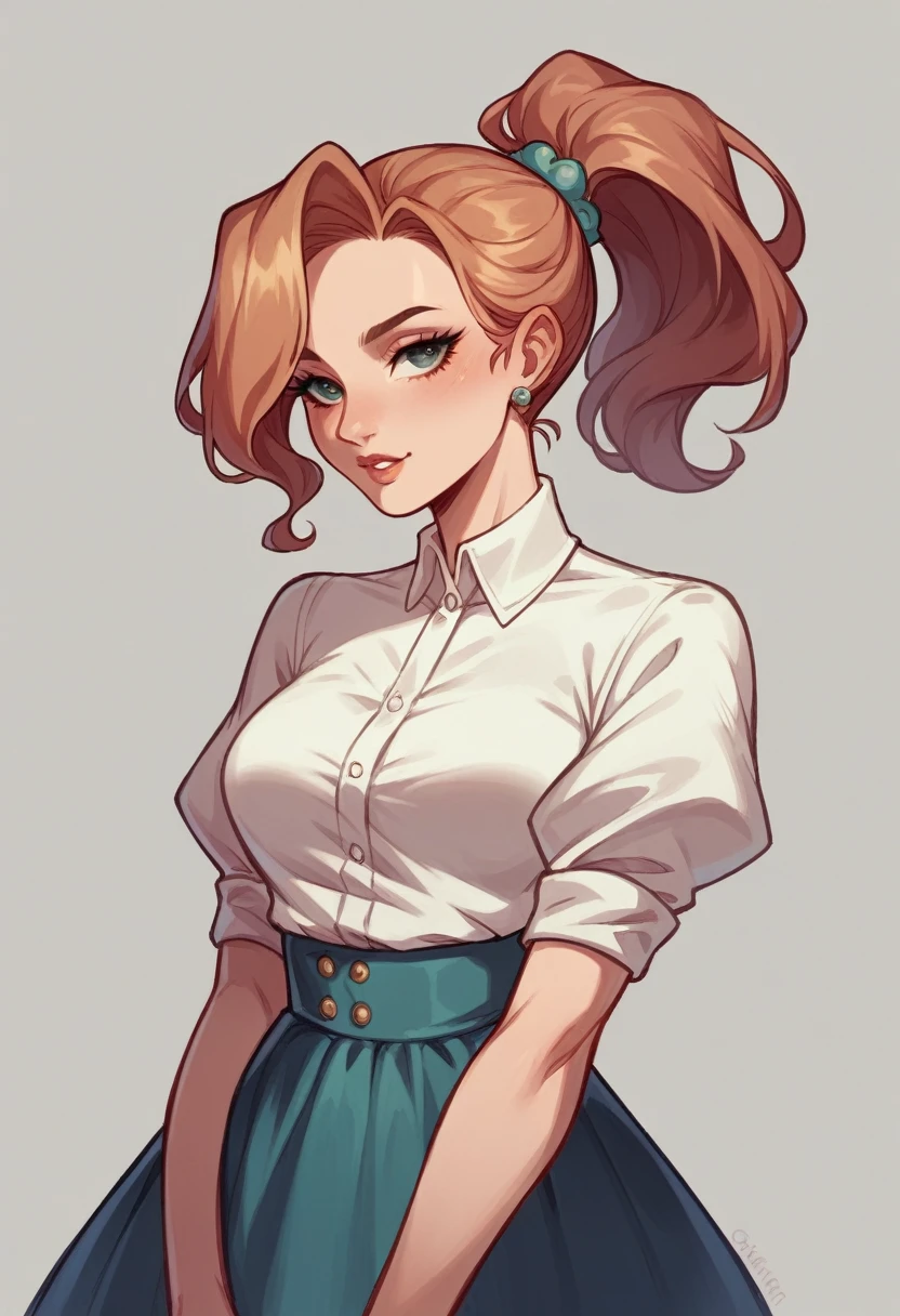 Lovely face,adult,Coquettish,simple outfit,elegance,ponytail hair ,skirt, shirt, Fascination