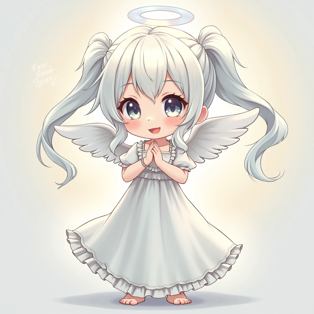 A beautiful girl with white hair and twin tails, a very cute angel. She is wearing a white frilly long dress and smiling. Highest quality, high resolution.