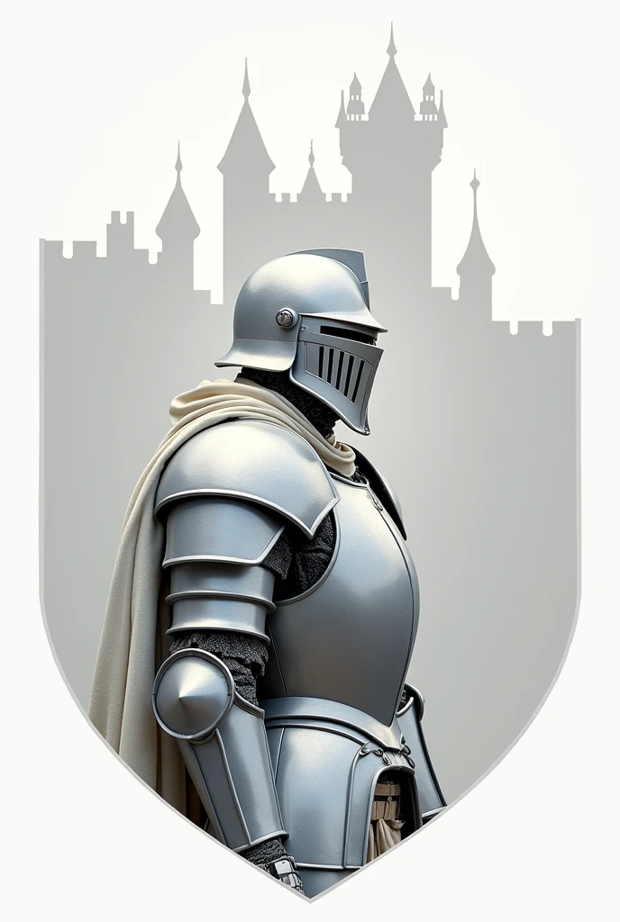 A Minimalist Style Badge, Light with a brief representation of a Warrior in Shining Armor referring to a simpler texture, with a background of a white castle with light details