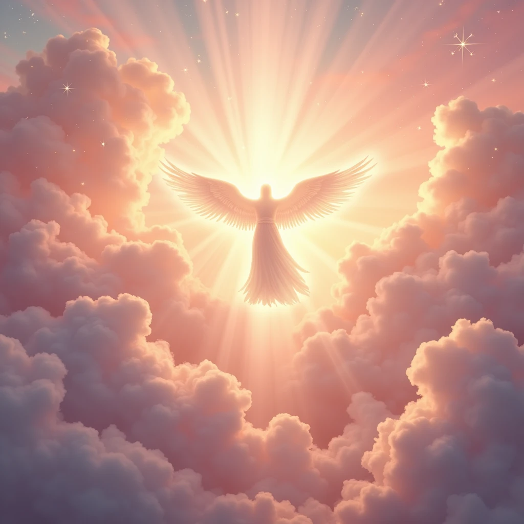 Create an image of the Holy Spirit above the clouds and a pink sky with the glow of his spirit.