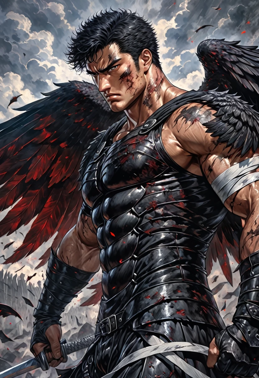 Dark Angel Wings,a muscular man in black armor with bandages, facing the viewer, with manly features, scars and wounds, smooth skin, sharp focus, illustration,guts \(berserk\)