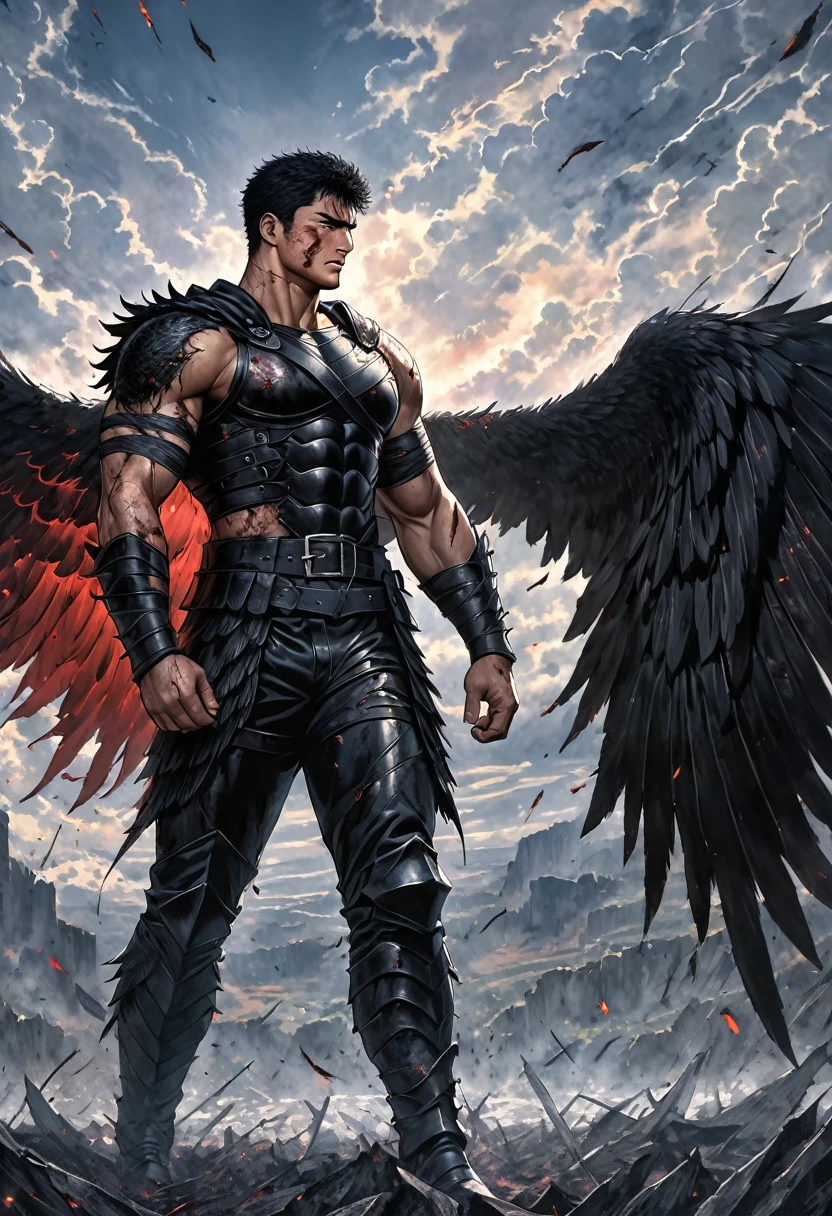 Dark Angel Wings,a muscular man in black armor with bandages, facing the viewer, with manly features, scars and wounds, smooth skin, sharp focus, illustration,guts \(berserk\)