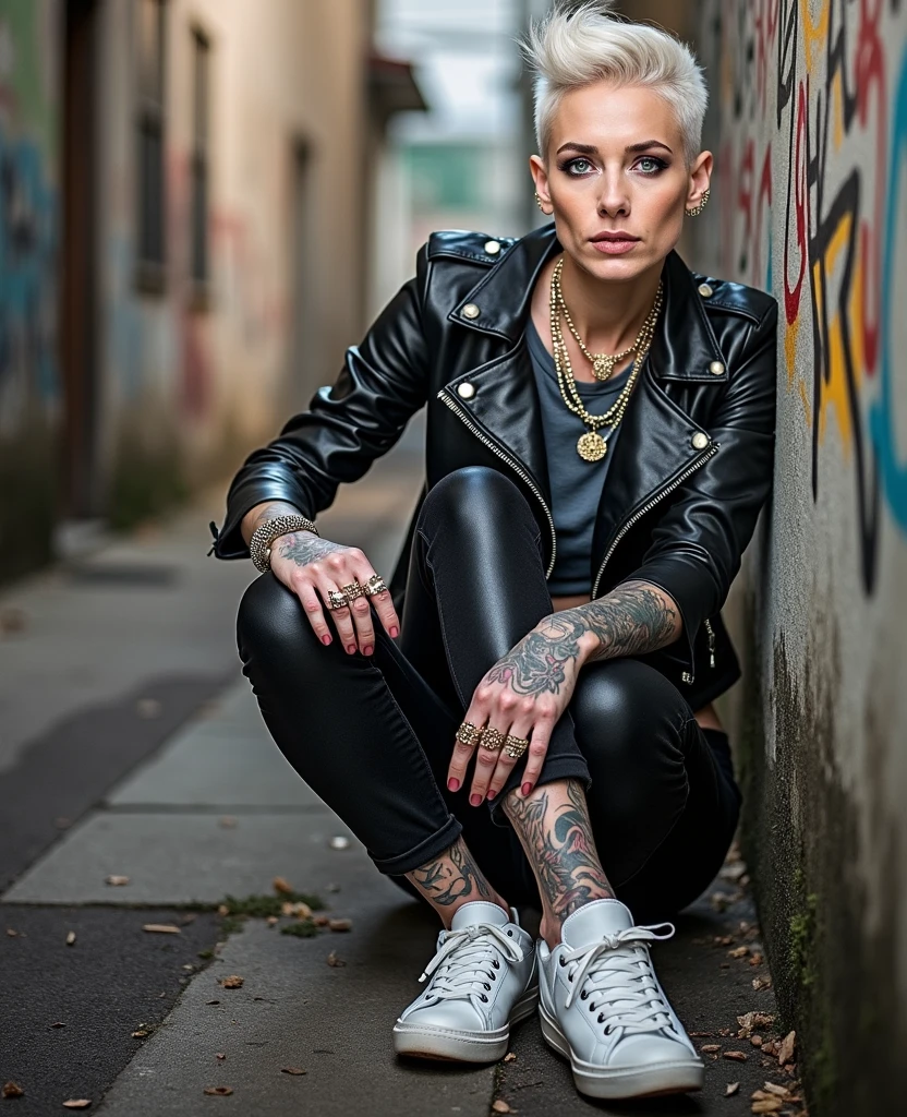 Old russian milf, platinum blonde hair in pompadour style with shaved sides, with very light blue eyes, pale, lots of eye shadows. Wearing black moto jacket, cropped rock t-shirt, black leather jeans and white tennis sneakers. Bullet belt, lots of rings and studded bracelets , tattoed. Very scared, trying to hide