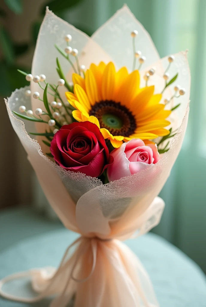 A Bouquet wrapping with only one sunflower only one rose, only one tulip. Just one each flower. Make the wrapping more beautiful