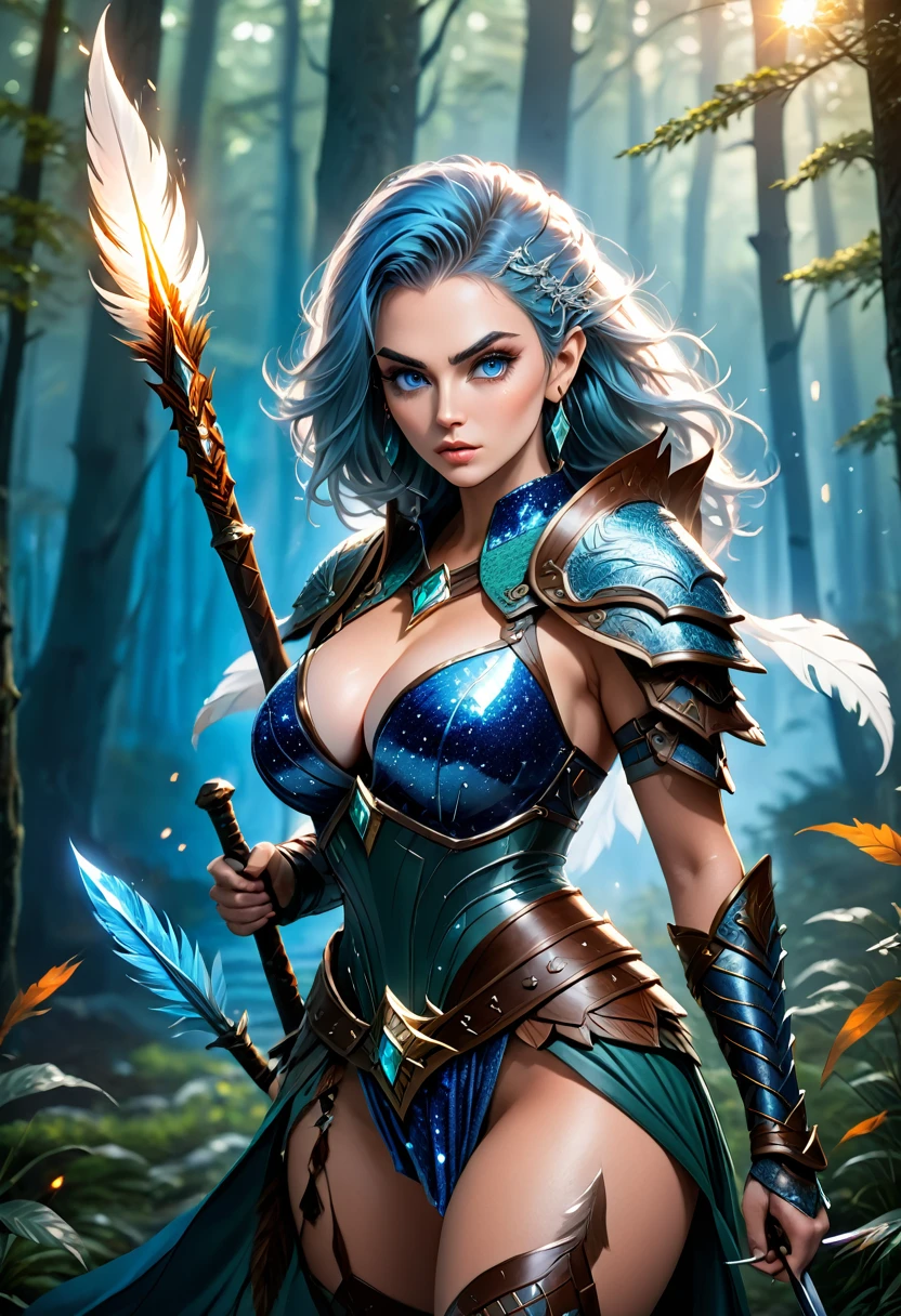 (masterpiece), anime style, wide eyes, 1 girl, Ice and fire hair female-focused, blue sparkling outfit, 1 girl, solo focused, dynamic lighting, UHD, crystal clear color eyes, beautiful sparkle eyes, expressive eyes, Princess Mananoke style cloth, warrior hunter cloths, tattoo, holding, weapon, bone_spear, feather, tribal, forest, nighttime, lake, green shrubs, fantasy animals, blue outfit, leather armor, huge spear, two-handed weapon, adult female, thick thighs, big breasts, cleavage, thighs