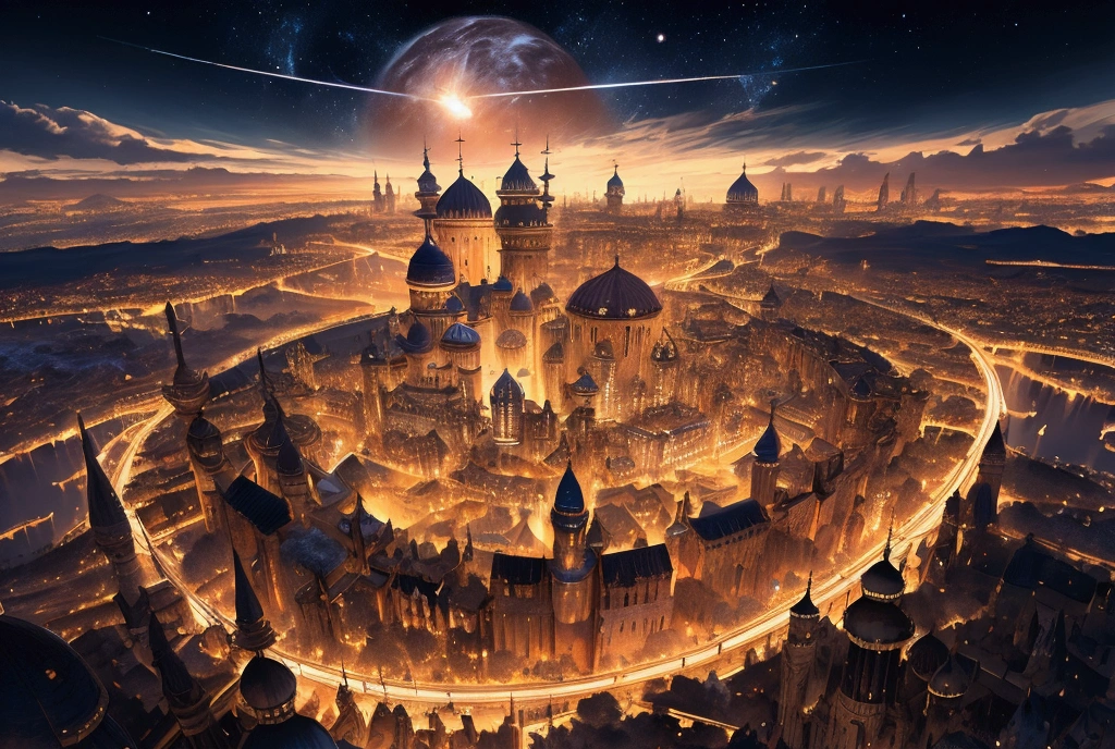 (32k, 8k, high graphics, high resolution, high details) medieval fantasy kingdom, fantasy medieval city, panoramic view, extremely beautiful place, immense celestial tower in the center, wonderful view, blue and majestic sky with clouds, beautiful and prosperous magical kingdom