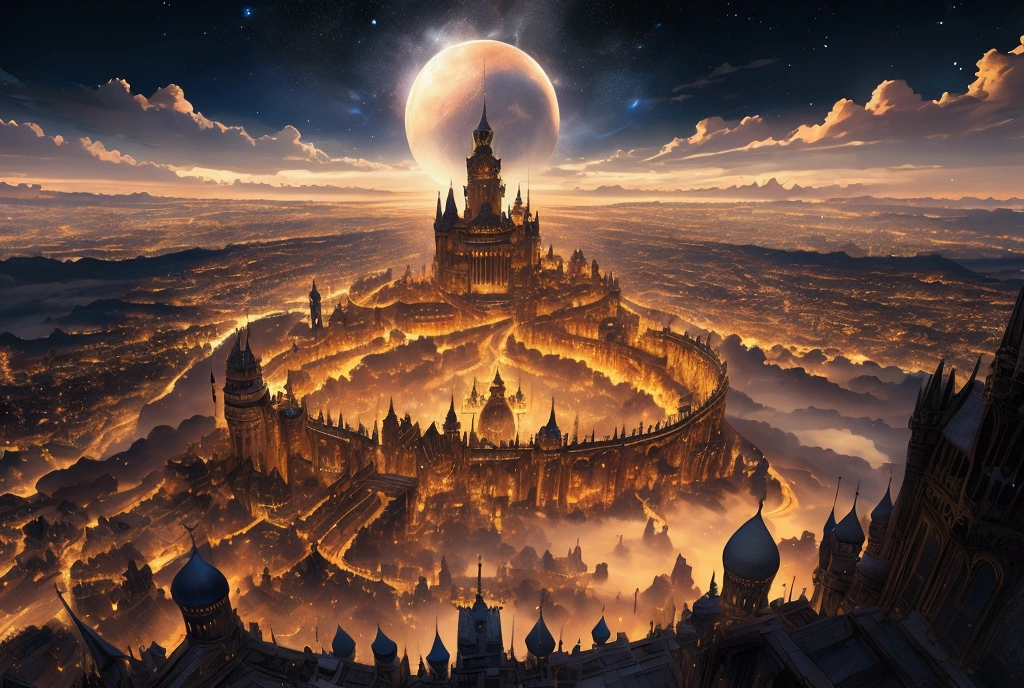 (32k, 8k, high graphics, high resolution, high details) medieval fantasy kingdom, fantasy medieval city, panoramic view, extremely beautiful place, immense celestial tower in the center, wonderful view, blue and majestic sky with clouds, beautiful and prosperous magical kingdom