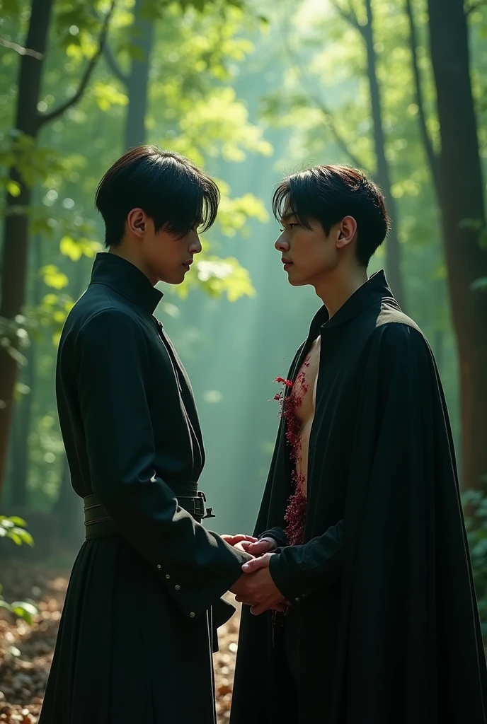 Jeon Jungkook and Kim Taehyung are in a forest. They are facing each other. There is a distance between them. Jungkook's eyes are full of tears. Jungkook is wearing a blue t-shirt and it is dirty. Taehyung is wearing black clothes. Taehyung has a black cloak on. A sword has pierced Taehyung's back and come out of his chest. Taehyung is covered in blood. The tip of the sword coming out of Taehyung&#39;s chest extends to Jungkook&#39;s front. Jungkook is looking at the sword. Taehyung is reaching out his hand towards Jungkook.