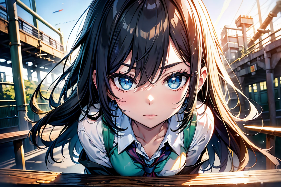 rin shibuya,((school uniform:1.3)),high quality, High resolution, super detailed, High level image quality, high quality, anime illustration, (Beautiful detailed eyes: 1.2), Detailed depiction of the eyes, (small eyes and small face:1.3), (Highly detailed CG, best shadow:1.1), depth of field and blur, (perfect details: 1.1) , digital illustration, enamel art, center, watercolor painting, art station, concept art, character sheet, lightning wave, 美しいアニメのwatercolor painting, Bright colors, sharp focus, art by:Kim Hyun Tae, small details, intricate details, curvaceous body, Detailed depiction of the eyes, Bright colors,((Nervous look before riding a roller coaster))