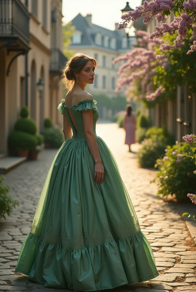 Paris green, old-fashioned dress, petticoats, hoop skirt, crinoline, XIX century