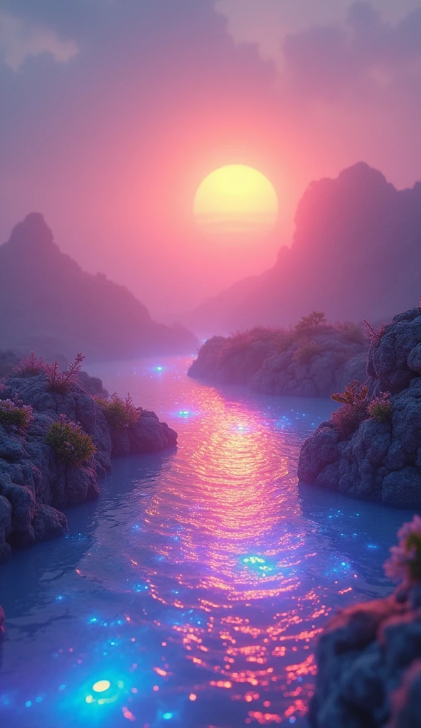 The mystical fusion of dawn and mist, holographic coating, Reflections of the neon glow, Mysterious transparency, Absurd aesthetics