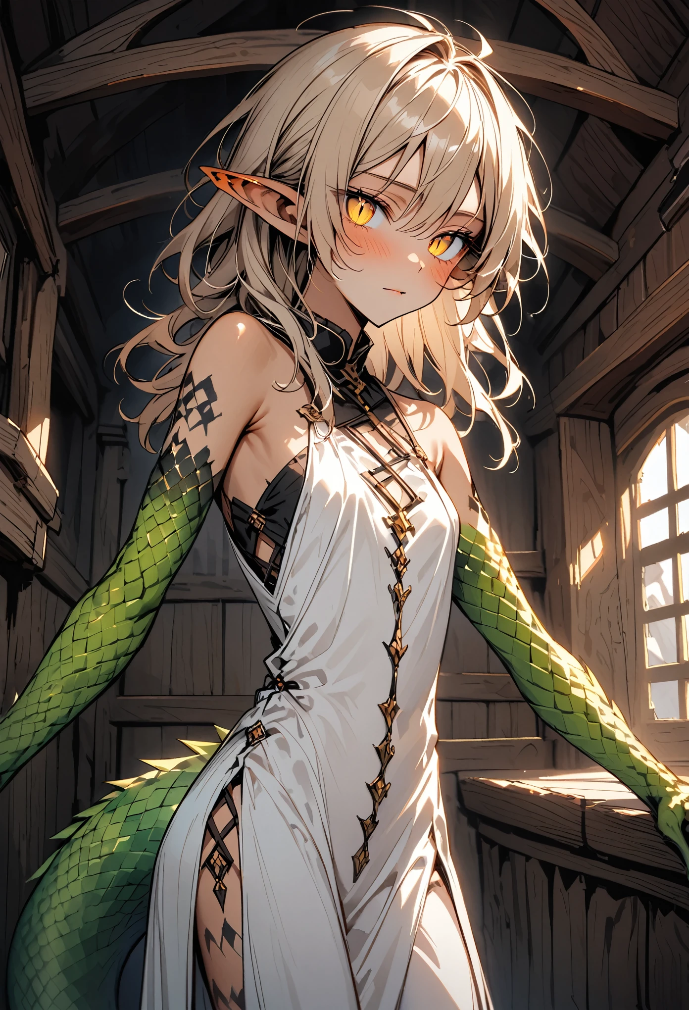 male:1.3, solo, very tall, large, human face:1.4, very slim waist, fit, short messy light brown hair, yellow eyes, slit pupils, lizard tail, scale claws, scales on arms:0.5, light tan skin, broad shoulders, clean shaven, head-fin ears, blush, fit arms:0.7, cabin indoors, bare shoulders, simple white shirt, revealing clothes, medieval, feminine male
