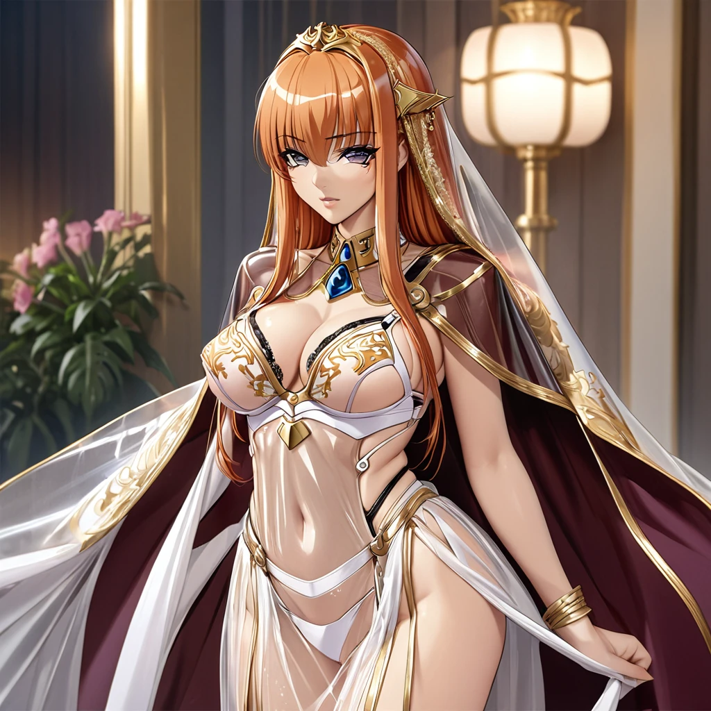 ((Highest quality)), ((masterpiece)), (detailed), （Perfect Face）、The woman is Maya Cordelia, with semi-long orange hair, wearing a completely transparent outfit adorned with luxurious golden embroidery and edging, a transparent cape, and luxurious accessories.、The woman is not wearing a bra、The woman is not wearing underwear