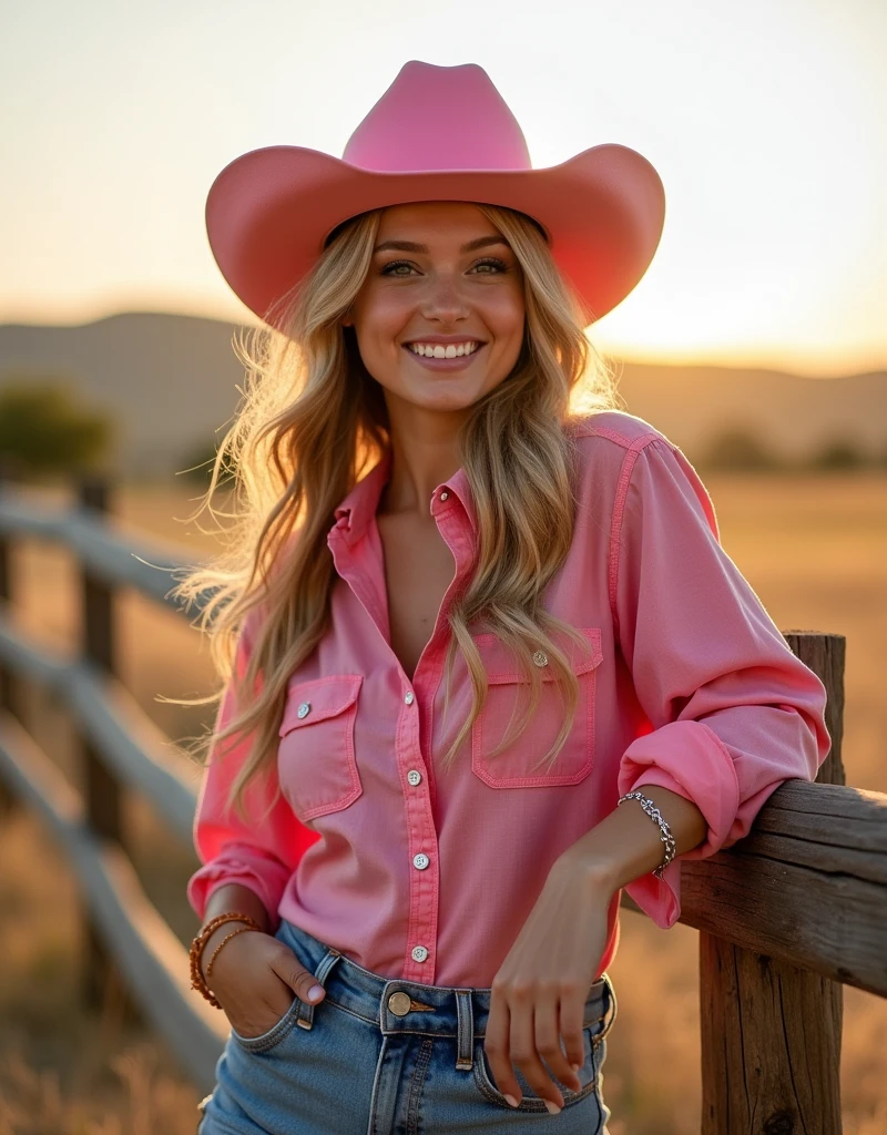 Araffe in a pink shirt and jeans leaning against a fence, cowgirl, Cowgirl ocidental, Female cowgirl, Southern young woman, waist - shot, vaca-menina, western clothing, wearing farm clothes, pink cowboy hat, country style, daisy dukes, young teenager, cowboy style, very pretty model, Ashe, 2 4 years old female model, wearing a cowboy hat