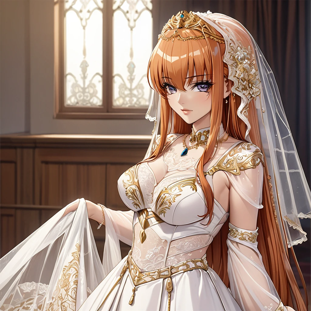 ((Highest quality)), ((masterpiece)), (detailed), （Perfect Face）、The woman is Maya Cordelia, with medium-long orange hair, wearing a vintage wedding dress with gorgeous gold embroidery and trim, a wedding veil, and gorgeous accessories.