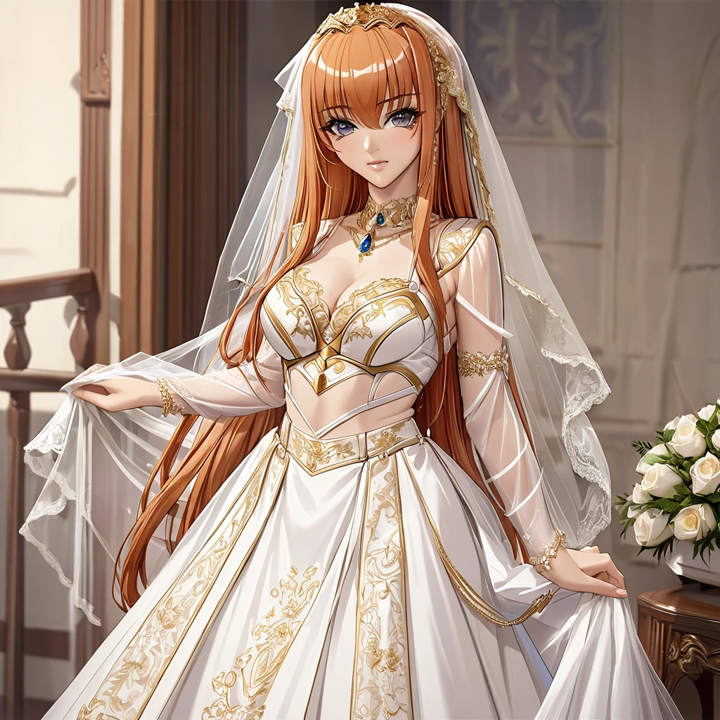 ((Highest quality)), ((masterpiece)), (detailed), (Perfect Face)、The woman is Maya Cordelia, with medium-long orange hair, wearing a vintage wedding dress with gorgeous gold embroidery and trim, a wedding veil, and gorgeous accessories.