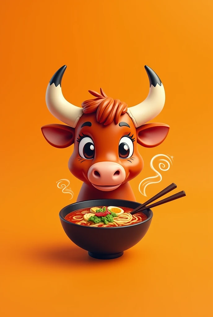 Simple logo of a bull's head floating and eating ramen, winking, on an orange background.