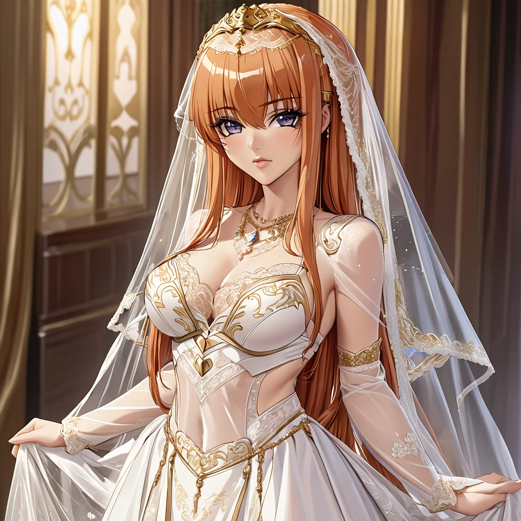 ((Highest quality)), ((masterpiece)), (detailed), （Perfect Face）、The woman is Maya Cordelia, with medium-long orange hair, wearing a see-through vintage wedding dress with gorgeous gold embroidery and trim, a wedding veil that shows through her skin, and luxurious accessories.