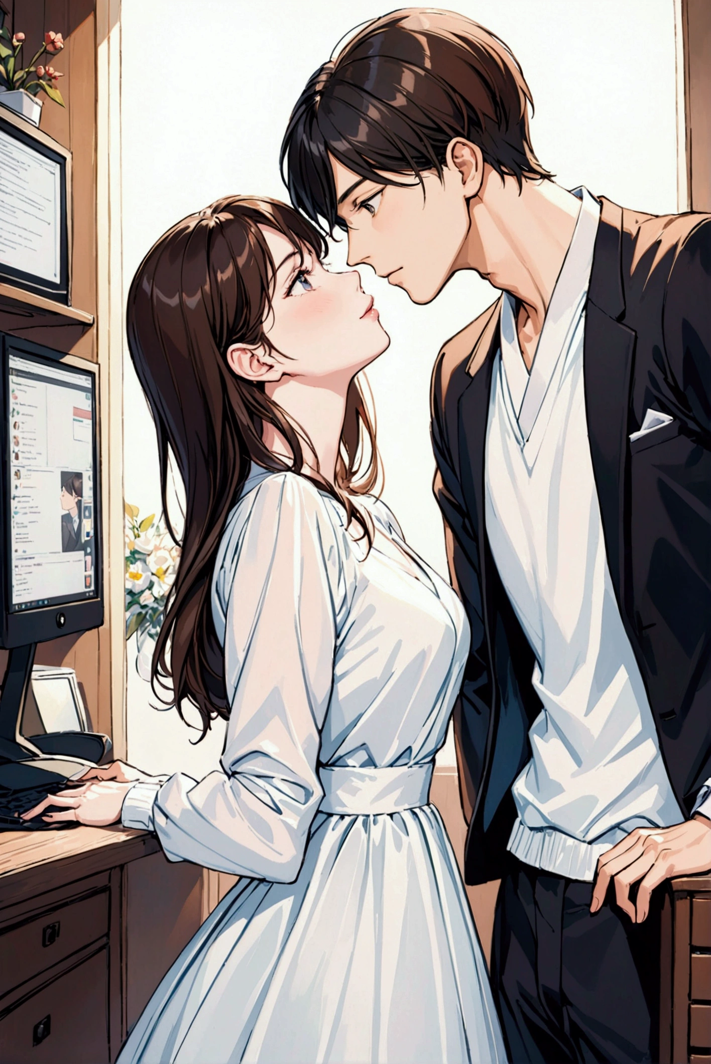 A young man and woman couple facing each other, kissing in front of a computer.