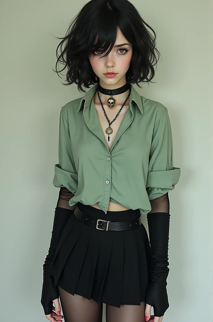 The girl had black hair, short, Wavy; slanted brown eyes; white; stomach 1,75; slightly big breasts; she wore a pastel green shirt, loose hair, black skirt, black but slightly transparent and long stockings, gothic boots, long black fingerless gloves and a skull necklace;  years