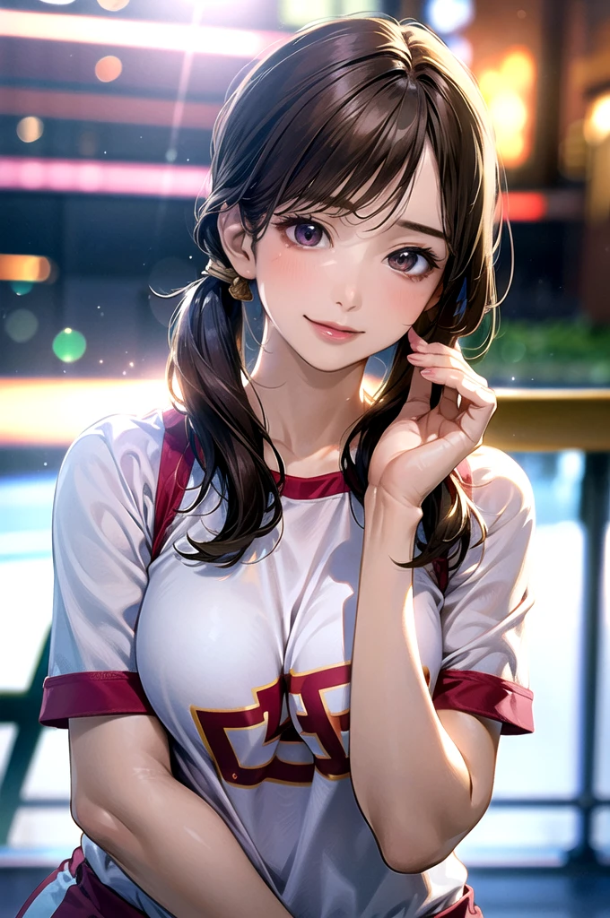 (masterpiece:1.2, top-quality), (realistic, photorealistic:1.4), beautiful illustration, (natural side lighting, movie lighting),
looking at viewer, upper body, (front view), 1 girl, japanese, , perfect face, cute and symmetrical face, shiny skin, babyface,
(middle hair:1.2, side ponytail, light brown hair), gold eyes, (large breasts:0.6, seductive thighs),
beautiful hair, beautiful face, beautiful detailed eyes, beautiful clavicle, beautiful body, beautiful chest, beautiful thigh, beautiful legs, beautiful fingers,
(Pink gym uniform, buruma,),
(beautiful scenery), evening, sports hall, peace sign, (lovely smile, upper eyes),